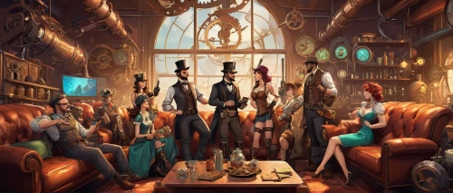 the consignment,steampunk,sci fiction illustration,apothecary,game illustration,clockmaker,3d fantasy,fantasy picture,fantasy art,watchmaker,orchestra,freemasonry,full-rigged ship,merchant,philharmonic orchestra,ringmaster,pinocchio,world digital painting,hat manufacture,musicians,Conceptual Art,Fantasy,Fantasy 25