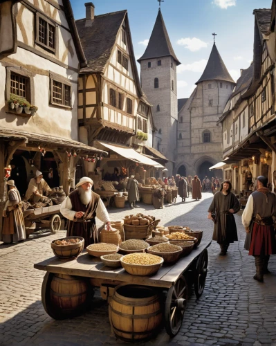 medieval market,medieval street,medieval town,colmar,the cobbled streets,dordogne,marketplace,bouillon,france,le mans,french confectionery,rouen,honfleur,medieval,thun,strasbourg,gruyere you savoie,colmar city,rothenburg,french food,Illustration,Realistic Fantasy,Realistic Fantasy 14