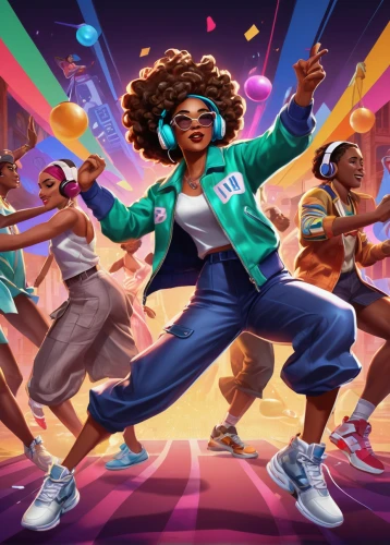 hip-hop dance,disco,spotify icon,game illustration,cg artwork,music background,80s,dance club,life stage icon,sports dance,hip-hop,block party,hip hop music,hip hop,dancing,party icons,concert dance,athletic dance move,artistic roller skating,game art,Illustration,Realistic Fantasy,Realistic Fantasy 21