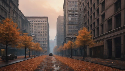 tram road,autumn morning,new york streets,paved square,autumn fog,one autumn afternoon,autumn background,urban landscape,city highway,empty road,city scape,the street,autumn walk,autumn day,autumn scenery,avenue,late autumn,boulevard,digital compositing,street canyon,Art,Classical Oil Painting,Classical Oil Painting 09