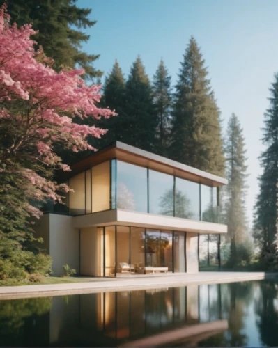 house with lake,mid century house,modern house,house by the water,house in the forest,3d rendering,timber house,cubic house,dunes house,render,modern architecture,beautiful home,pool house,archidaily,mid century modern,summer house,house in mountains,house in the mountains,cube house,eco-construction