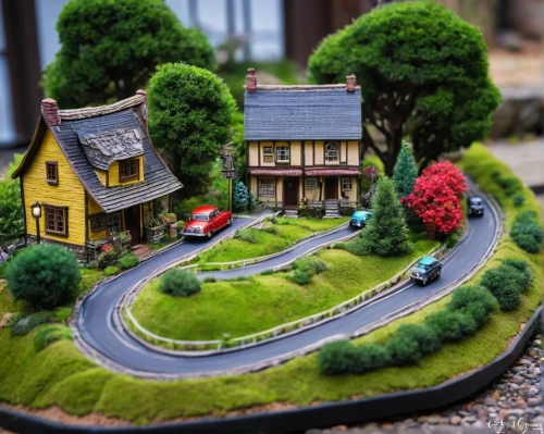 miniature cars,miniature house,model railway,tilt shift,model train,tiny world,diorama,escher village,dolls houses,model cars,suburban,winding roads,traffic circle,scale model,winding road,miniature figures,dollhouse accessory,toy cars,hairpins,model house,Illustration,Paper based,Paper Based 02