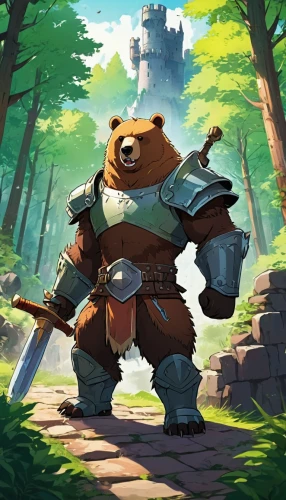 bear guardian,nordic bear,bear,game illustration,adventurer,great bear,scandia bear,cute bear,druid,left hand bear,cub,bear cub,barbarian,little bear,brown bear,game art,the wanderer,ursa,mountain guide,grizzly,Illustration,Japanese style,Japanese Style 03