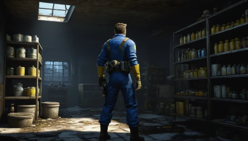 apothecary,fallout4,warehouseman,chemical laboratory,bluejacket,gunsmith,blue-collar worker,cosmetics counter,fallout,candlemaker,fallout shelter,reagents,laboratory,chemical plant,pantry,fresh fallout,chemical container,blue-collar,the morgue,repairman,Illustration,Paper based,Paper Based 28