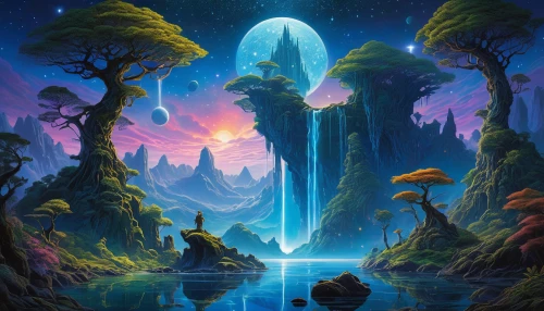 fantasy landscape,mushroom landscape,druid grove,fantasy picture,futuristic landscape,fairy world,alien world,3d fantasy,mushroom island,fantasy art,enchanted forest,fairy forest,pillars of creation,fantasy world,elven forest,underwater oasis,fantasia,alien planet,druids,lagoon,Illustration,Realistic Fantasy,Realistic Fantasy 03