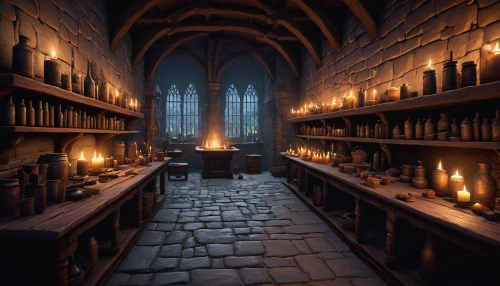 apothecary,candlemaker,potions,hall of the fallen,candles,candlelights,hogwarts,alchemy,medieval architecture,candlelight,crypt,candle wick,tealights,sanctuary,medieval,chamber,votive candles,burning candles,wine cellar,pharmacy,Art,Classical Oil Painting,Classical Oil Painting 42