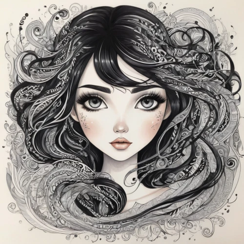 mystical portrait of a girl,fantasy portrait,the sea maid,mermaid vectors,the zodiac sign pisces,gold foil mermaid,zodiac sign libra,watery heart,boho art,zodiac sign gemini,watercolor women accessory,jasmine blossom,the wind from the sea,horoscope libra,illustrator,filigree,scent of jasmine,siren,white rose snow queen,hand-drawn illustration,Illustration,Black and White,Black and White 05