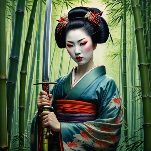 geisha girl,geisha,japanese woman,japanese art,oriental girl,oriental princess,ikebana,oriental painting,samurai,mukimono,oriental,katana,japanese culture,kimono fabric,japanese style,bamboo flute,shakuhachi,tea ceremony,kimono,japanese floral background,Illustration,Realistic Fantasy,Realistic Fantasy 08