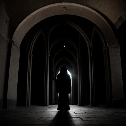 middle eastern monk,hooded man,the nun,the abbot of olib,woman silhouette,abaya,benedictine,praying woman,archimandrite,apparition,dark portrait,cloak,caravansary,in the shadows,sepulchre,haunted cathedral,mysterious,mosques,woman praying,conceptual photography