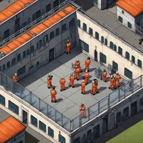 prison,prison fence,concentration camp,prisoner,cells,barracks,arbitrary confinement,dormitory,monks,retirement home,animal containment facility,orange robes,factories,heavy water factory,rescue alley,money heist,recess,kennel,detention,institution,Illustration,Japanese style,Japanese Style 07