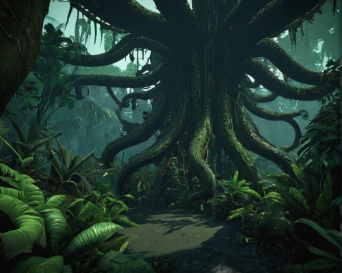 the roots of trees,elven forest,the forest,rainforest,tree and roots,druid grove,tree grove,monkey island,roots,green forest,forest path,devilwood,dragon tree,greenforest,rooted,rain forest,the forests,forest tree,old-growth forest,tree canopy,Illustration,Realistic Fantasy,Realistic Fantasy 47
