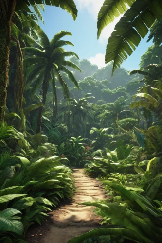 tropical jungle,rainforest,jungle,forest path,tropical greens,pathway,tropical island,rain forest,druid grove,oasis,green forest,palm forest,hiking path,garden of eden,madagascar,greenforest,palm pasture,tropics,cartoon video game background,palms,Illustration,Paper based,Paper Based 28