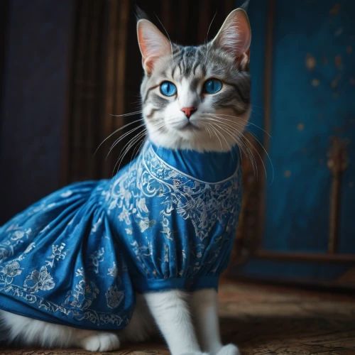 animals play dress-up,cat on a blue background,haute couture,blue eyes cat,vintage cat,cat european,napoleon cat,chinese pastoral cat,cat with blue eyes,european shorthair,imperial coat,arabian mau,cat image,aegean cat,fashion model,figaro,russian blue cat,cute cat,formal attire,domestic cat,Photography,General,Fantasy