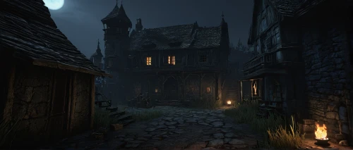 medieval street,witch's house,witch house,medieval town,haunted cathedral,the haunted house,haunted castle,haunted house,dark gothic mood,knight village,cobblestone,the cobbled streets,ghost castle,castle of the corvin,old linden alley,night scene,the threshold of the house,light of night,medieval,devilwood,Illustration,Realistic Fantasy,Realistic Fantasy 25