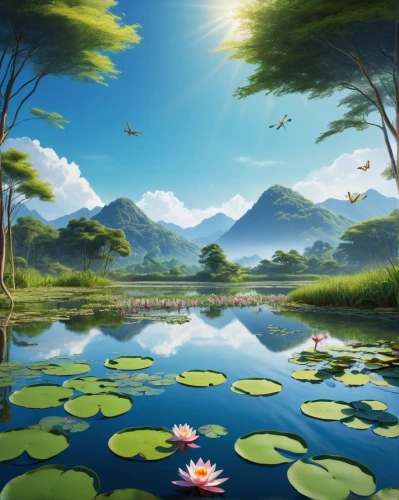 lotus pond,water lotus,lotus on pond,lily pond,sacred lotus,water lilies,landscape background,lotus flowers,white water lilies,lily pads,waterlily,lotuses,lotus blossom,background view nature,flower of water-lily,pond flower,water lily,lotus flower,lilly pond,lotus plants,Illustration,Realistic Fantasy,Realistic Fantasy 15