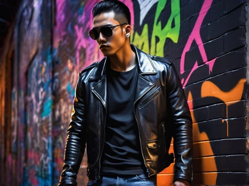 leather jacket,black leather,leather,leather texture,fashion street,rockabilly style,alleyway,men's wear,brick wall background,ray-ban,red brick wall,male model,yun niang fresh in mind,leather goods,street fashion,outerwear,rockabilly,portrait background,photographic background,bolero jacket,Illustration,Japanese style,Japanese Style 10