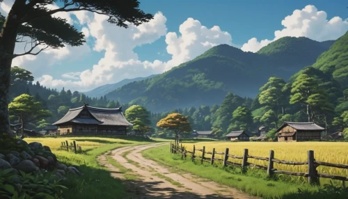 landscape background,rural landscape,alpine pastures,mountain village,studio ghibli,japanese alps,alpine village,countryside,mountain scene,home landscape,heidi country,mountain valley,meadow landscape,japan landscape,rural,salt meadow landscape,mountain pasture,mountain landscape,farm landscape,cartoon video game background,Photography,General,Realistic