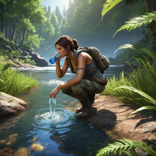 lara,woman at the well,water nymph,mountain spring,raft guide,cg artwork,game illustration,girl on the river,4k wallpaper,water connection,full hd wallpaper,croft,game art,frog background,idyllic,background images,hd wallpaper,freshwater,ark,rock fishing,Conceptual Art,Fantasy,Fantasy 03