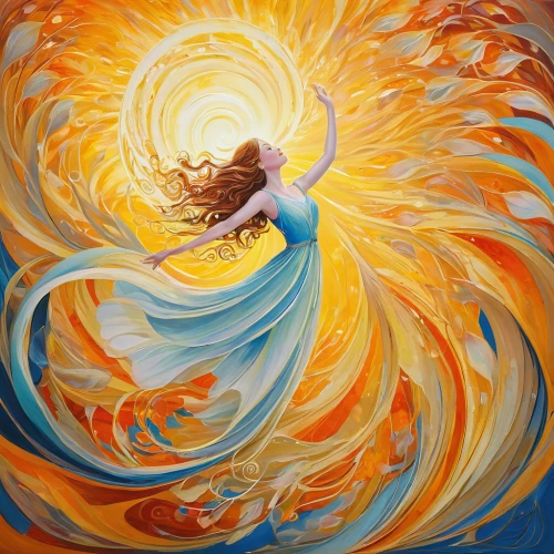 solar plexus chakra,whirling,flame spirit,fire angel,swirling,dancing flames,whirlwind,fire dancer,sunburst background,firebird,fire dance,divine healing energy,time spiral,angel playing the harp,mantra om,angel wing,dove of peace,oil painting on canvas,fire artist,archangel,Illustration,Abstract Fantasy,Abstract Fantasy 04