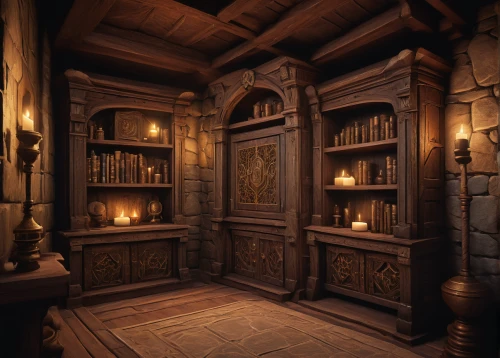 apothecary,dark cabinetry,ornate room,bookshelves,candlemaker,cabinetry,armoire,collected game assets,fireplaces,consulting room,woodwork,bookcase,chamber,witch's house,celsus library,stalls,the threshold of the house,medieval architecture,ancient house,fireplace,Illustration,Japanese style,Japanese Style 08