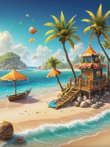 tropical beach,seaside resort,tropical island,umbrella beach,beach scenery,caribbean beach,beach restaurant,beach landscape,dream beach,beach bar,summer background,delight island,french digital background,paradise beach,south seas,coconut trees,cartoon video game background,castaway beach,tropical sea,beach background,Illustration,Paper based,Paper Based 29