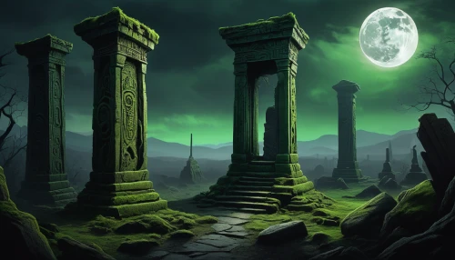 halloween background,necropolis,tombstones,druid stone,mausoleum ruins,stone circles,gravestones,grave stones,old graveyard,halloween wallpaper,the ruins of the,ring of brodgar,stone circle,fantasy landscape,druids,burial ground,megaliths,patrol,haunted cathedral,graveyard,Illustration,Abstract Fantasy,Abstract Fantasy 07
