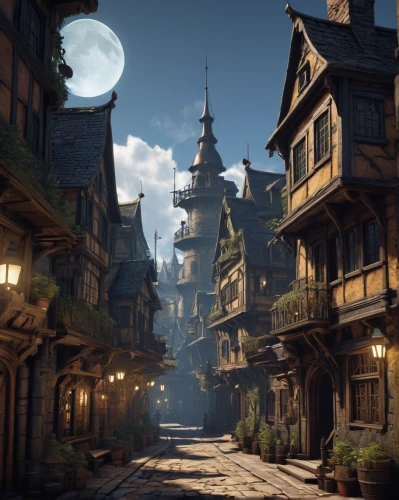 medieval street,medieval town,knight village,half-timbered houses,wooden houses,hamelin,escher village,3d fantasy,old town,old linden alley,fantasy city,deadwood,the old town,the cobbled streets,medieval architecture,fantasy world,old city,witch's house,witcher,beautiful buildings,Illustration,Realistic Fantasy,Realistic Fantasy 36