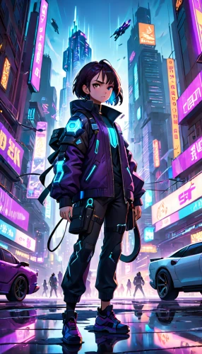 cyberpunk,cyber,llenn,2d,ultraviolet,shibuya,pedestrian,nico,tokyo city,music background,officer,city trans,colorful city,tokyo,urban,futuristic,novelist,cyan,kid hero,parka,Anime,Anime,Cartoon