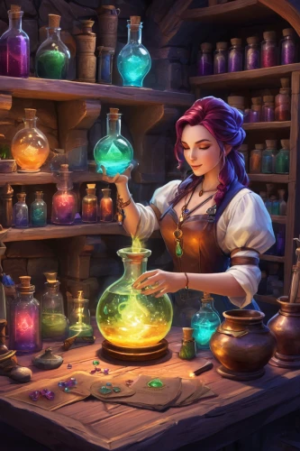 candlemaker,apothecary,potions,merchant,alchemy,chemist,potion,shopkeeper,reagents,artisan,potter's wheel,tinsmith,girl in the kitchen,barmaid,blacksmith,vendor,watchmaker,researcher,painting technique,brandy shop,Illustration,Realistic Fantasy,Realistic Fantasy 20