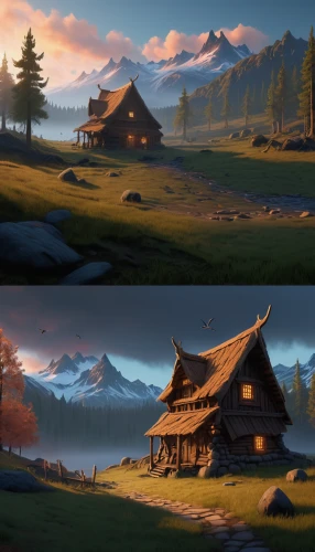 backgrounds,backgrounds texture,mountain huts,wooden houses,alpine village,digital compositing,development concept,landscape background,4 seasons,color is changable in ps,landscapes,home landscape,alpine pastures,seasons,salt meadow landscape,mountain settlement,dusk background,four seasons,visual effect lighting,mountain village,Illustration,Realistic Fantasy,Realistic Fantasy 03