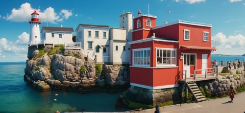popeye village,red lighthouse,seaside resort,crane houses,nubble,house by the water,development concept,3d rendering,3d render,house of the sea,cube stilt houses,hanging houses,seaside view,cubic house,seaside country,floating huts,render,digital compositing,3d rendered,the waterfront,Photography,General,Cinematic
