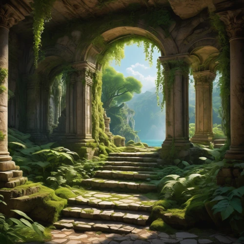 fantasy landscape,the mystical path,ancient city,ruins,druid grove,fantasy picture,hall of the fallen,pathway,forest path,elven forest,the ruins of the,green forest,ancient,mushroom landscape,forest landscape,the ancient world,fantasy art,winding steps,ancient buildings,myst,Art,Classical Oil Painting,Classical Oil Painting 40