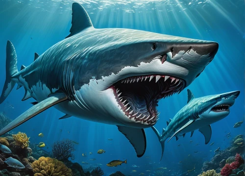 great white shark,sand tiger shark,jaws,requiem shark,shark,bull shark,tiger shark,sharks,marine reptile,sea animals,hammerhead,sea animal,marine animal,underwater world,underwater background,cetacea,bronze hammerhead shark,aquatic animals,cartilaginous fish,shark fin soup,Conceptual Art,Sci-Fi,Sci-Fi 21