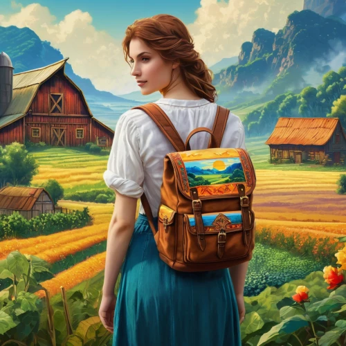suitcase in field,girl with bread-and-butter,farm pack,farm girl,girl picking apples,oktoberfest background,heidi country,milkmaid,farmer,countrygirl,travel woman,yellow purse,farmer in the woods,girl picking flowers,bavarian swabia,country dress,world digital painting,sound of music,girl in the garden,travelers,Conceptual Art,Fantasy,Fantasy 05