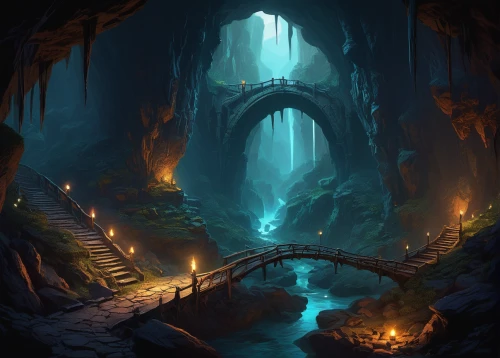 fantasy landscape,hollow way,dungeons,cave,cave on the water,ravine,devil's bridge,blue cave,underground lake,dungeon,the mystical path,chasm,pit cave,cave tour,blue caves,druid grove,mountain spring,elven forest,the blue caves,dragon bridge,Art,Classical Oil Painting,Classical Oil Painting 23