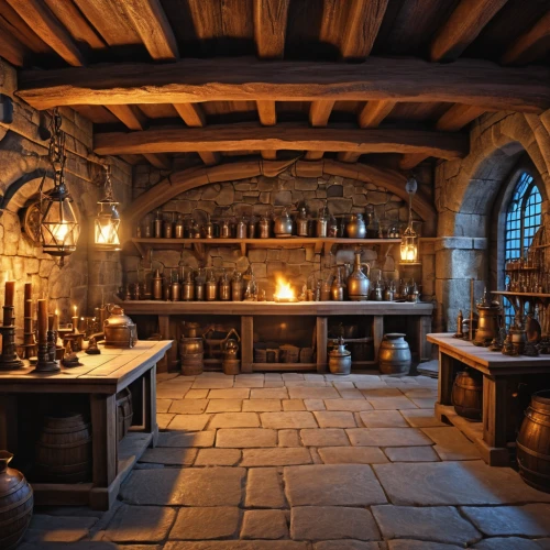 apothecary,wine cellar,potions,candlemaker,tavern,medieval architecture,cellar,liquor bar,brandy shop,wine bar,victorian kitchen,unique bar,wine tavern,wine cultures,pub,kitchen interior,tinsmith,medieval,hobbiton,the kitchen,Photography,General,Realistic