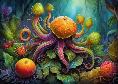 fruits of the sea,octopus,octopus tentacles,cephalopod,tentacles,fun octopus,polyp,symbiotic,kraken,fractals art,the fruit,cephalopods,nautilus,tentacle,biological,apiarium,organic fruits,bowl of fruit in rain,cnidaria,valencia orange,Illustration,Paper based,Paper Based 24