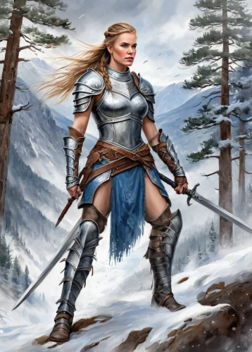 female warrior,warrior woman,nordic,heroic fantasy,swordswoman,dwarf sundheim,massively multiplayer online role-playing game,winterblueher,northrend,norse,wind warrior,dane axe,male elf,bow and arrows,fantasy warrior,lone warrior,longbow,huntress,germanic tribes,elven,Illustration,Paper based,Paper Based 24
