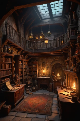 apothecary,bookshelves,old library,reading room,study room,bookshop,attic,bookcase,bookstore,library,collected game assets,ornate room,woodwork,medieval architecture,antiquariat,celsus library,witch's house,winding staircase,dark cabinetry,spiral staircase,Illustration,Realistic Fantasy,Realistic Fantasy 28