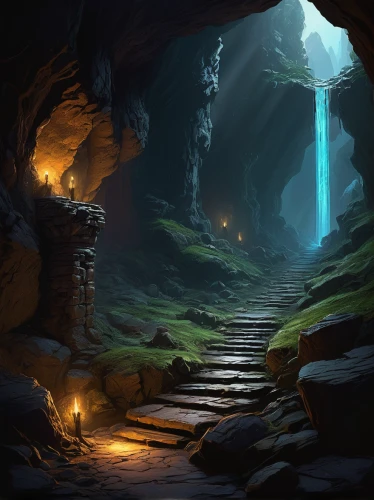 cave,cave tour,fantasy landscape,pit cave,dungeons,chasm,ravine,hollow way,the mystical path,dungeon,blue cave,ice cave,sea caves,druid grove,the path,descent,lava tube,pathway,blue caves,lava cave,Art,Classical Oil Painting,Classical Oil Painting 42