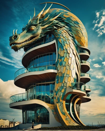 dragon palace hotel,futuristic architecture,largest hotel in dubai,golden dragon,futuristic art museum,hotel w barcelona,chinese dragon,house of the sea,chinese architecture,hotel barcelona city and coast,wyrm,baku eye,dragon,asian architecture,forbidden palace,singapore landmark,green dragon,sea fantasy,jumeirah,mamaia