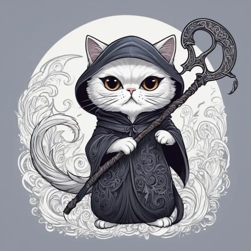 cat warrior,grimm reaper,cat vector,capricorn kitz,grim reaper,witch broom,scythe,mage,gray kitty,the witch,sorceress,cat sparrow,cat-ketch,chartreux,cartoon cat,gray cat,cloak,witch,white cat,assassin,Illustration,Black and White,Black and White 05