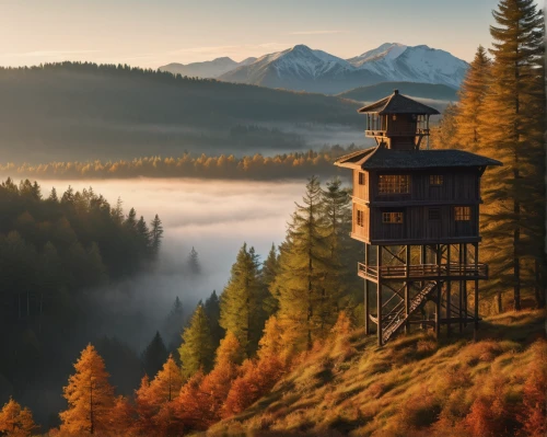 lookout tower,carpathians,germany forest,northern black forest,autumn morning,autumn mountains,fire tower,mountain hut,bavarian forest,autumn scenery,tatra mountains,wooden church,austria,autumn landscape,watchtower,berchtesgaden national park,autumn fog,house in the forest,autumn light,tree house,Illustration,Black and White,Black and White 21