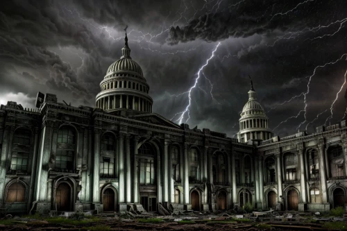 haunted cathedral,apocalyptic,st pauls,nature's wrath,armageddon,blood church,the end of the world,end of the world,the storm of the invasion,san storm,hall of the fallen,house of prayer,apocalypse,thunderstorm,god of thunder,lightning strike,destroyed city,stock market collapse,lightning storm,mortuary temple