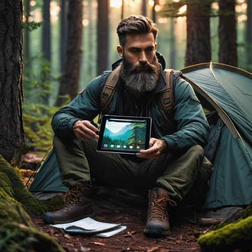 forest workplace,digital nomads,lenovo,tablets consumer,remote work,man with a computer,nature and man,laptop,camping gear,nomad life,free wilderness,portable stove,lenovo 1tb portable hard drive,pc laptop,tent camping,holding ipad,hp hq-tre core i5 laptop,mobile tablet,chromebook,outdoor life,Conceptual Art,Sci-Fi,Sci-Fi 18