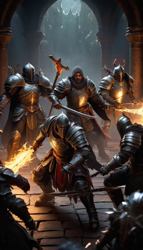 massively multiplayer online role-playing game,hall of the fallen,game illustration,assassins,heroic fantasy,crucible,knight festival,swordsmen,games of light,knights,crusader,skirmish,battle,game art,templar,guards of the canyon,witcher,clash,torchlight,castleguard,Art,Classical Oil Painting,Classical Oil Painting 43
