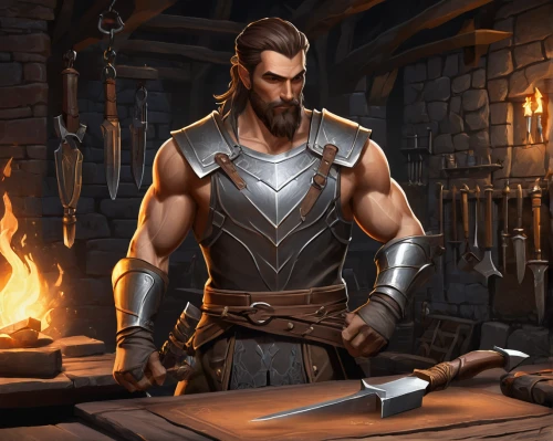 blacksmith,dane axe,massively multiplayer online role-playing game,tinsmith,thorin,moulder,male character,male elf,silversmith,game illustration,forge,castleguard,metalsmith,smouldering torches,quarterstaff,candlemaker,heroic fantasy,dunun,dwarf cookin,gunsmith,Art,Artistic Painting,Artistic Painting 45