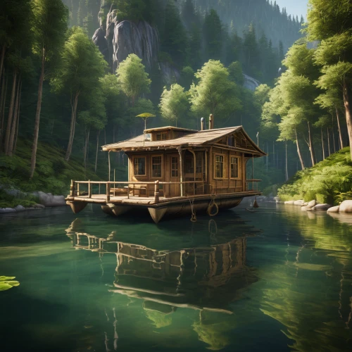 house with lake,houseboat,floating huts,house by the water,house in the forest,the cabin in the mountains,boat house,wooden house,small cabin,house in the mountains,house in mountains,summer cottage,fishing float,log home,wooden hut,boathouse,log cabin,fisherman's house,wooden sauna,summer house,Illustration,American Style,American Style 11
