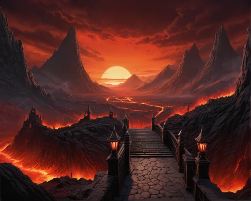 door to hell,scorched earth,valley of death,heaven gate,road of the impossible,lake of fire,pathway,fire mountain,the mystical path,fantasy landscape,hollow way,volcanic landscape,lava river,burning earth,hall of the fallen,road to nowhere,the path,lava,devilwood,the valley of death,Illustration,American Style,American Style 15