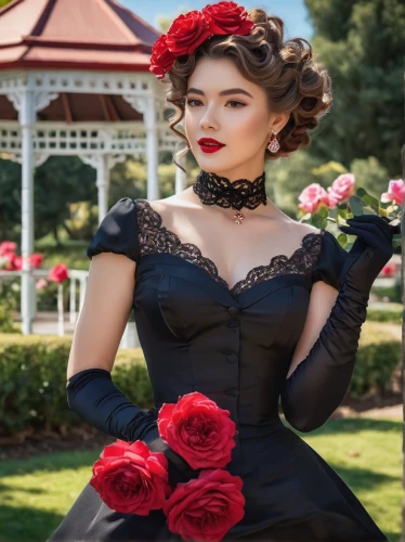 disney rose,victorian lady,victorian style,victorian fashion,the victorian era,red roses,victorian,vintage dress,red carnation,esperance roses,fabric roses,red carnations,hybrid tea rose,red rose,with roses,vintage fashion,bodice,doll dress,overskirt,ball gown,Illustration,Japanese style,Japanese Style 01
